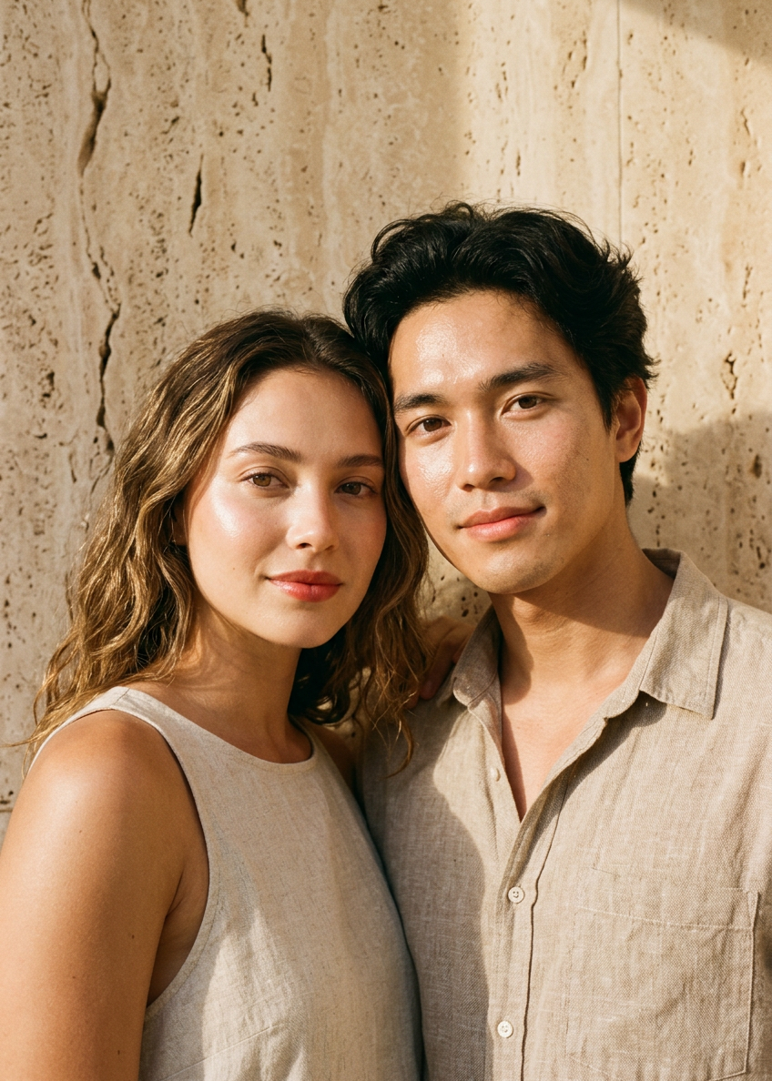 Two models with radiant skin against warm stone wall